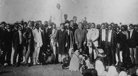 After the end of the Satyagraha movement in South Africa the Indian arranged farewell meeting at Durban in 1914. Gandhiji addressing at this meeting.jpg